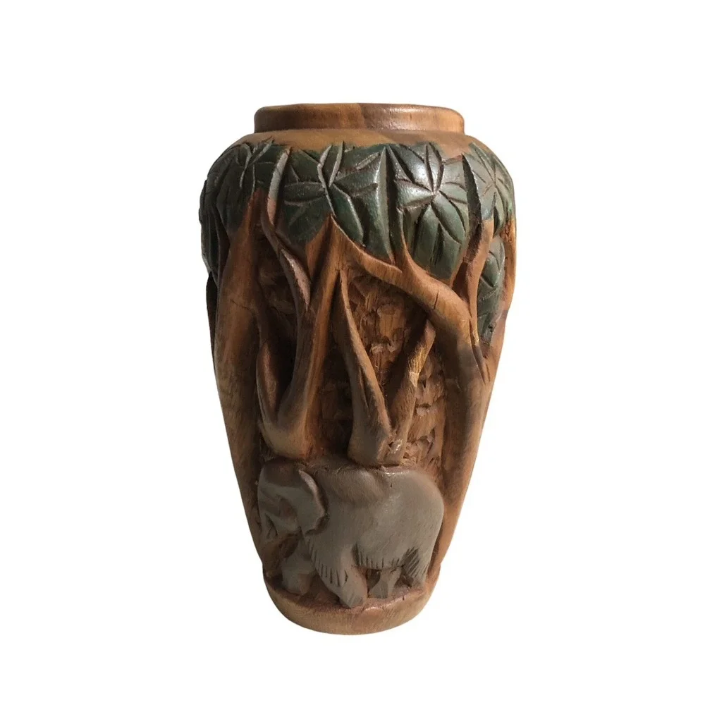 Wood Vase Sculpture Art Carved Figural 3D Elephant Jungle Trees Decor‎ Safari